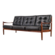 Scandinavian Three-Seat Sofa in Solid Wood and Black Leather, 1960s