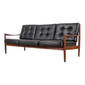 Scandinavian Three-Seat Sofa in Solid Wood and Black Leather, 1960s