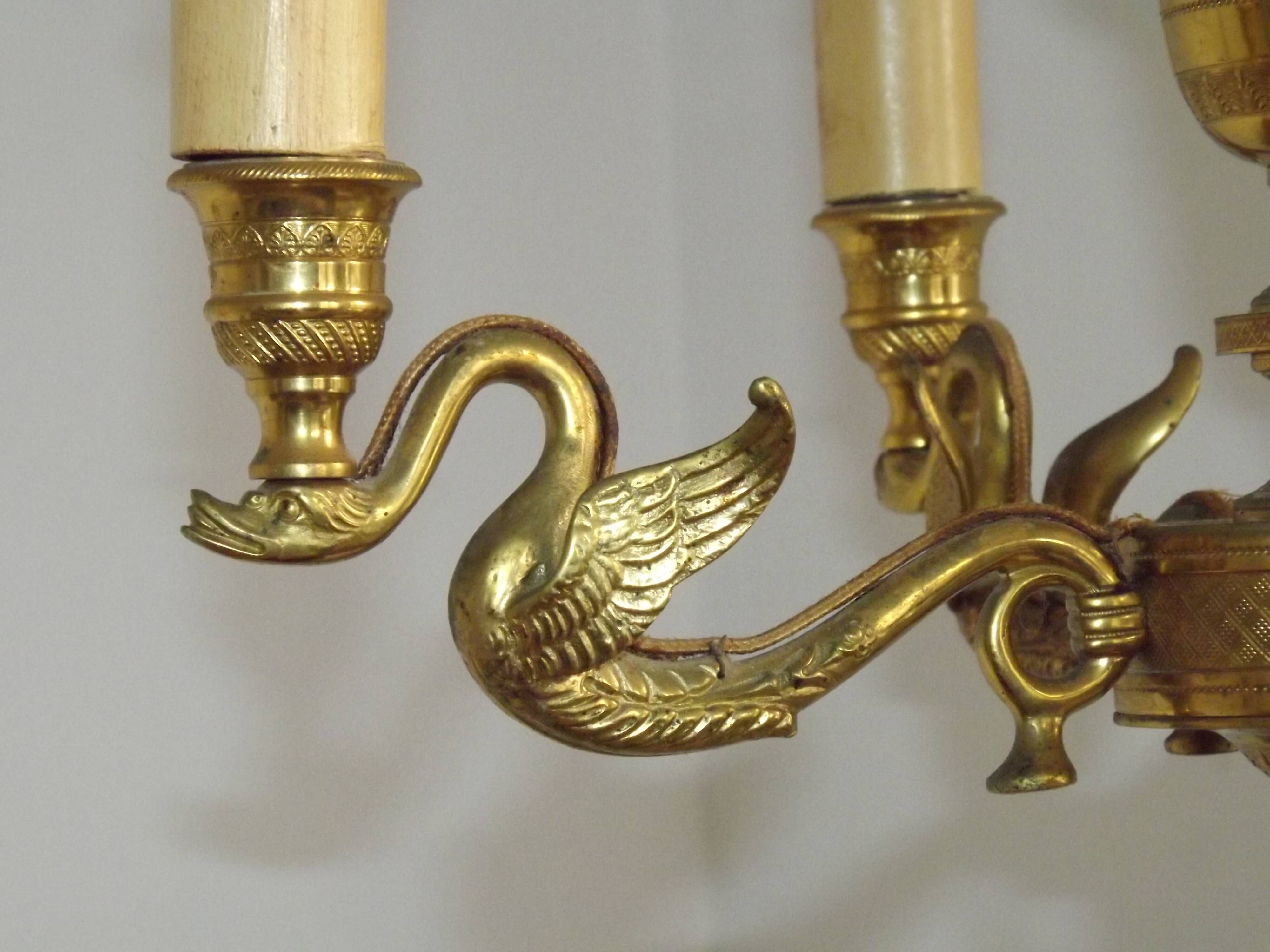French Empire Style Bronze 4-Light Chandelier with Swan Detail Arms