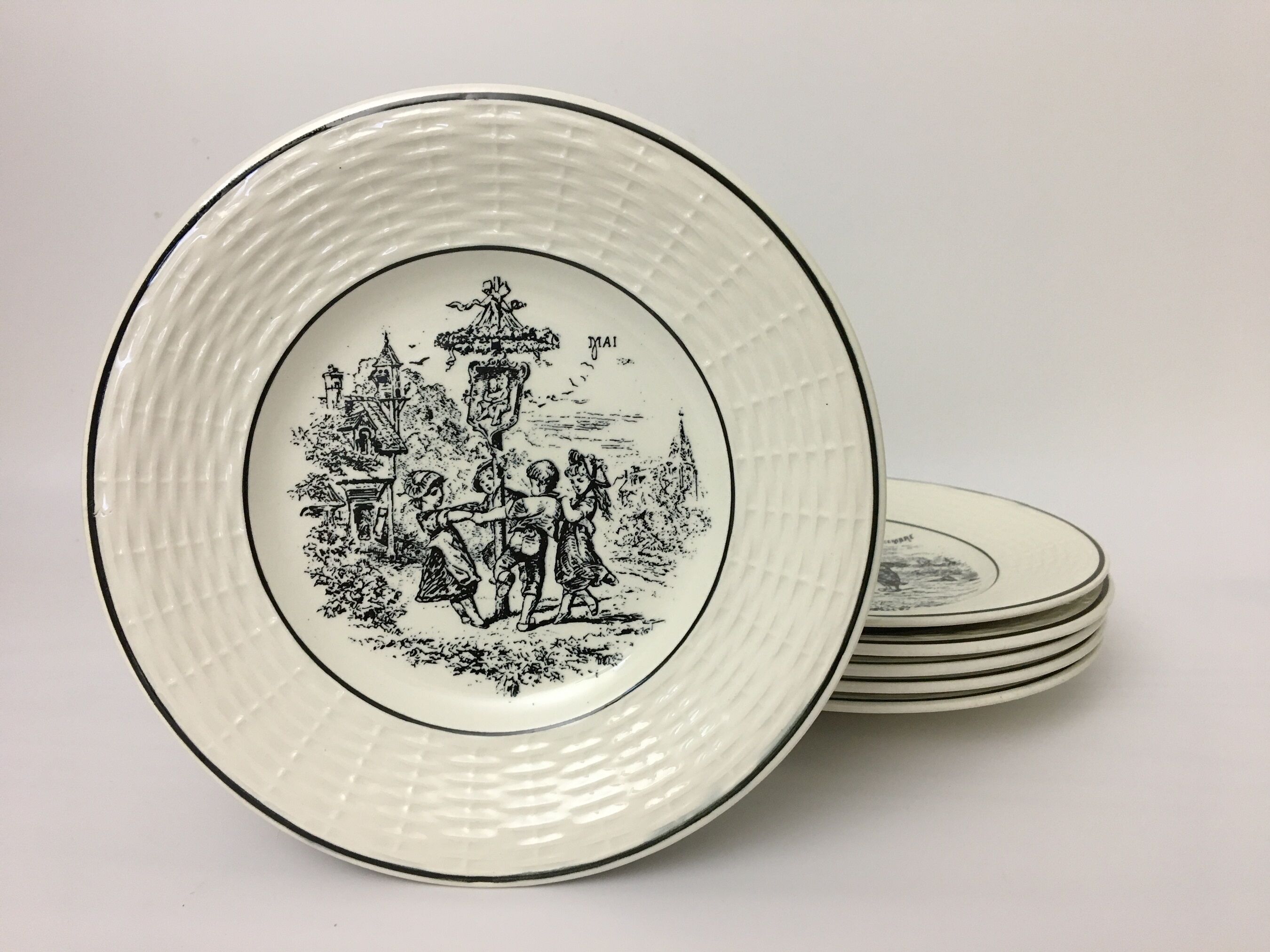 Set Of 6 Dessert Plates Representing 6 Months Of The Year. "Digoin Sarreguemines"