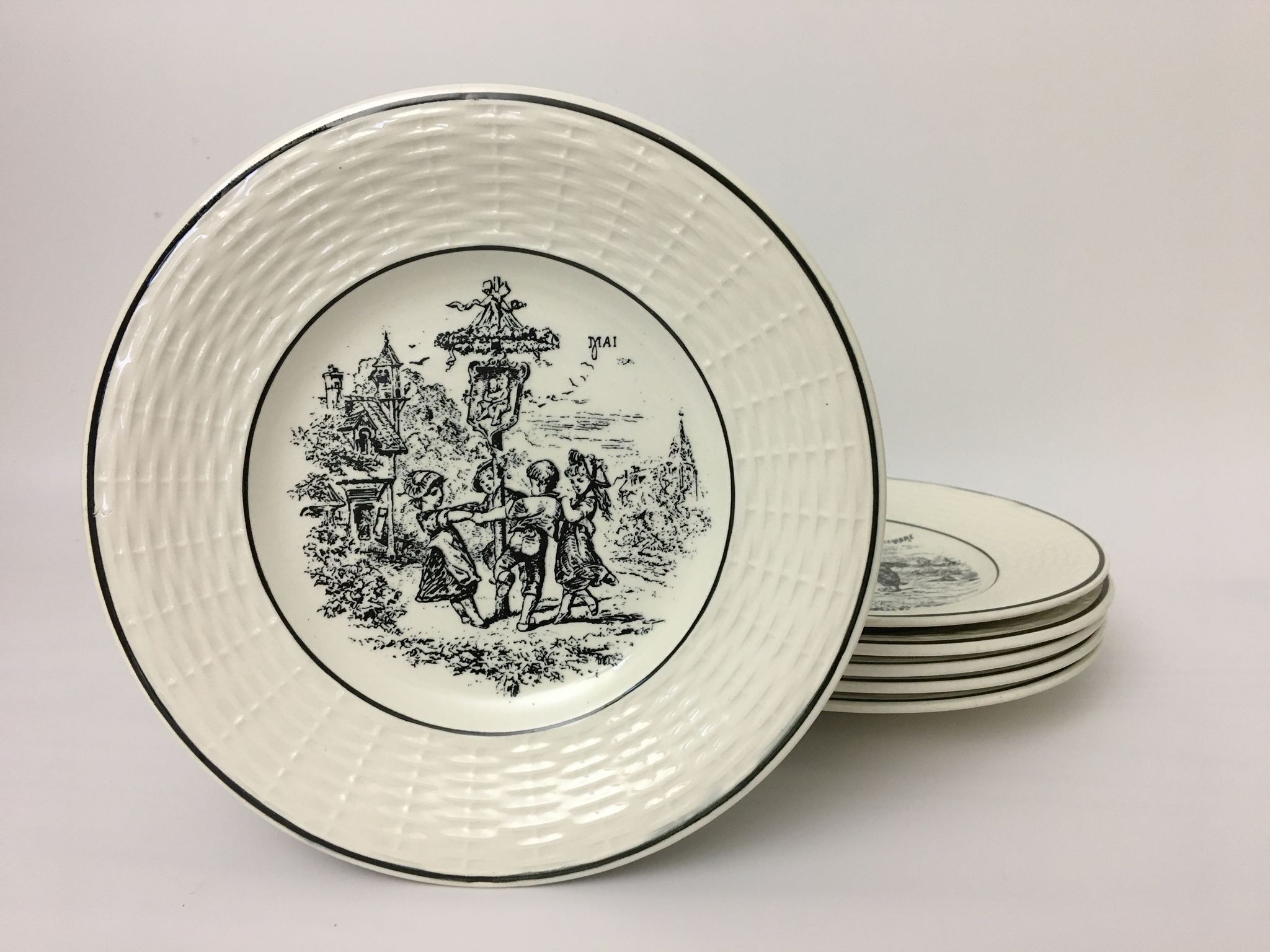 Set Of 6 Dessert Plates Representing 6 Months Of The Year. "Digoin Sarreguemines"