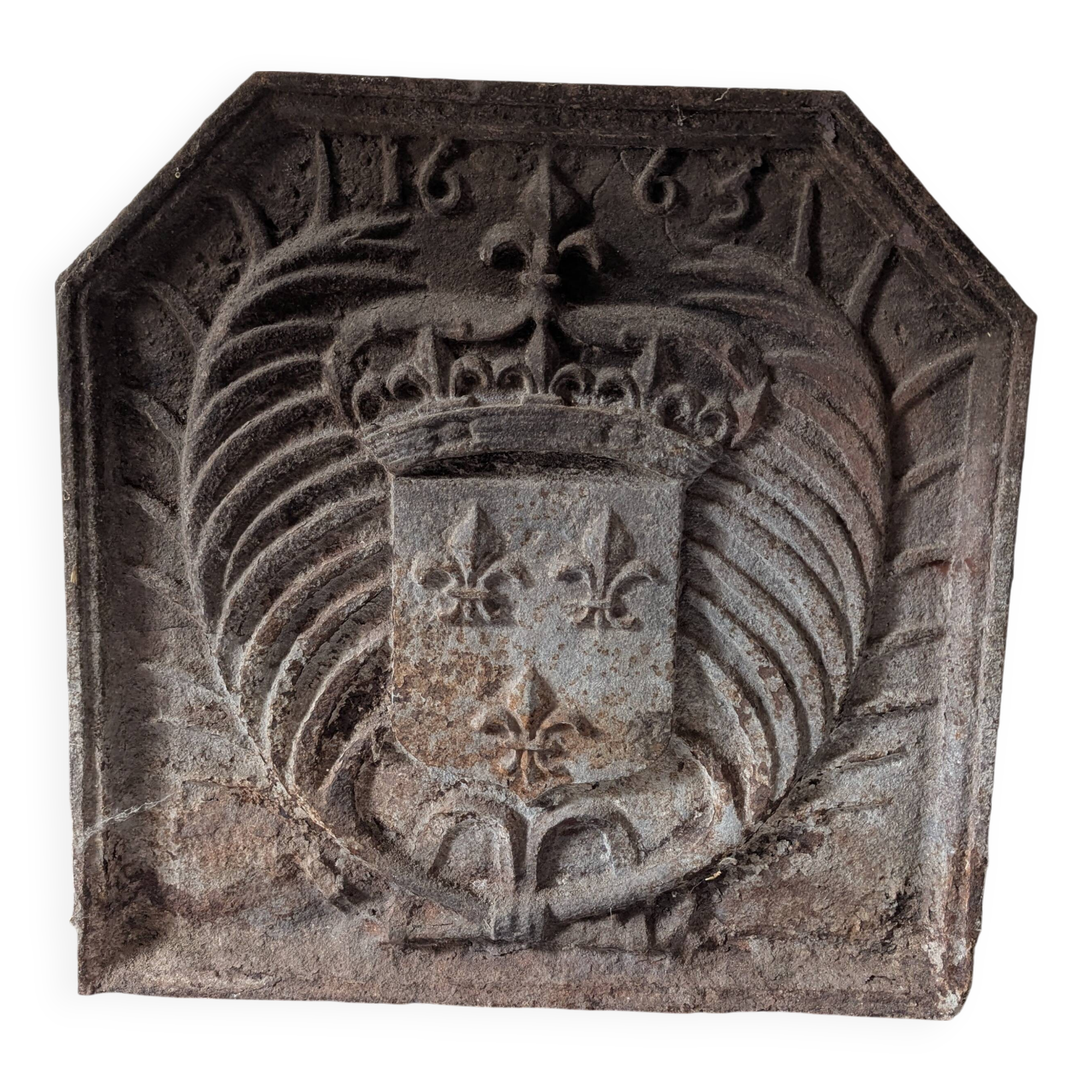 Old cast iron fireplace plate – royal fleur-de-lis coat of arms – dated 166.