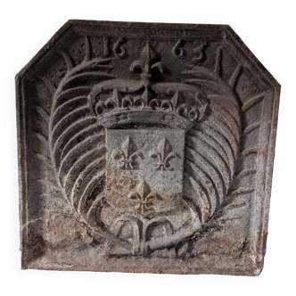 Antique cast iron fireback – royal coat of arms with fleur-de-lis – dated 166