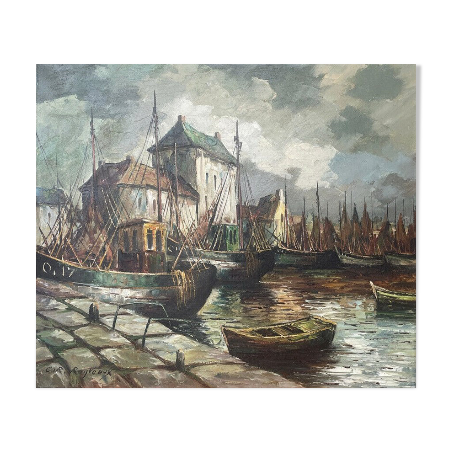 Marine, boats docked, View of Port, C.R. Ronveaux, XXth - oil on canvas