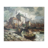 Marine, boats docked, View of Port, C.R. Ronveaux, XXth - oil on canvas