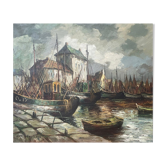 Marine, boats docked, View of Port, C.R. Ronveaux, XXth - oil on canvas