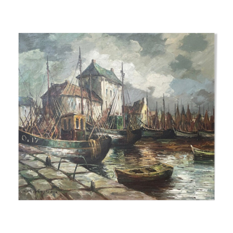 Marine, bateaux à quai, Vue sur Port, C.R. Ronveaux, XXème - huile sur toile