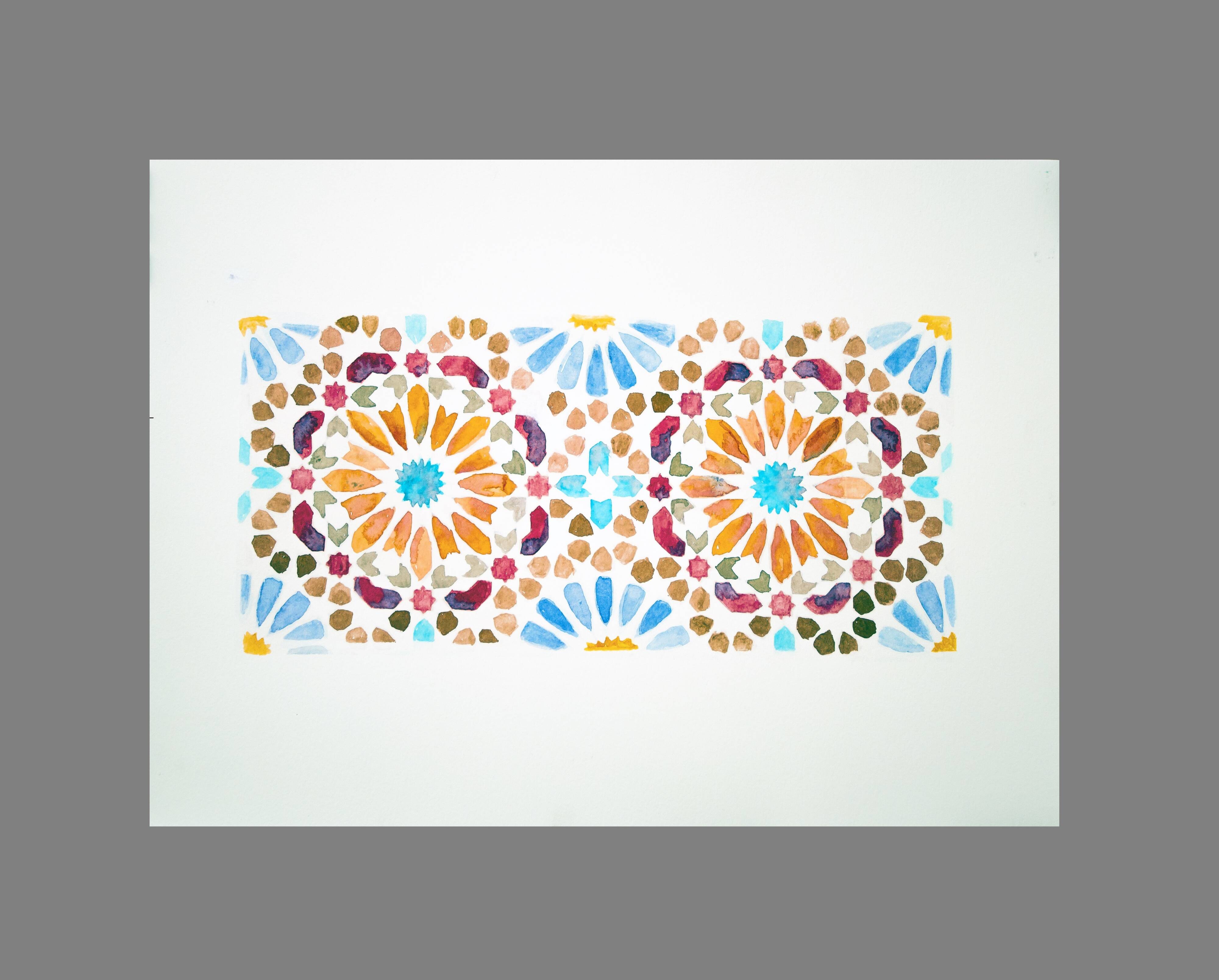 Original watercolor Arabic tile. Arabic tile painting. Watercolor Mozarabic pattern. Mozarabic pattern.