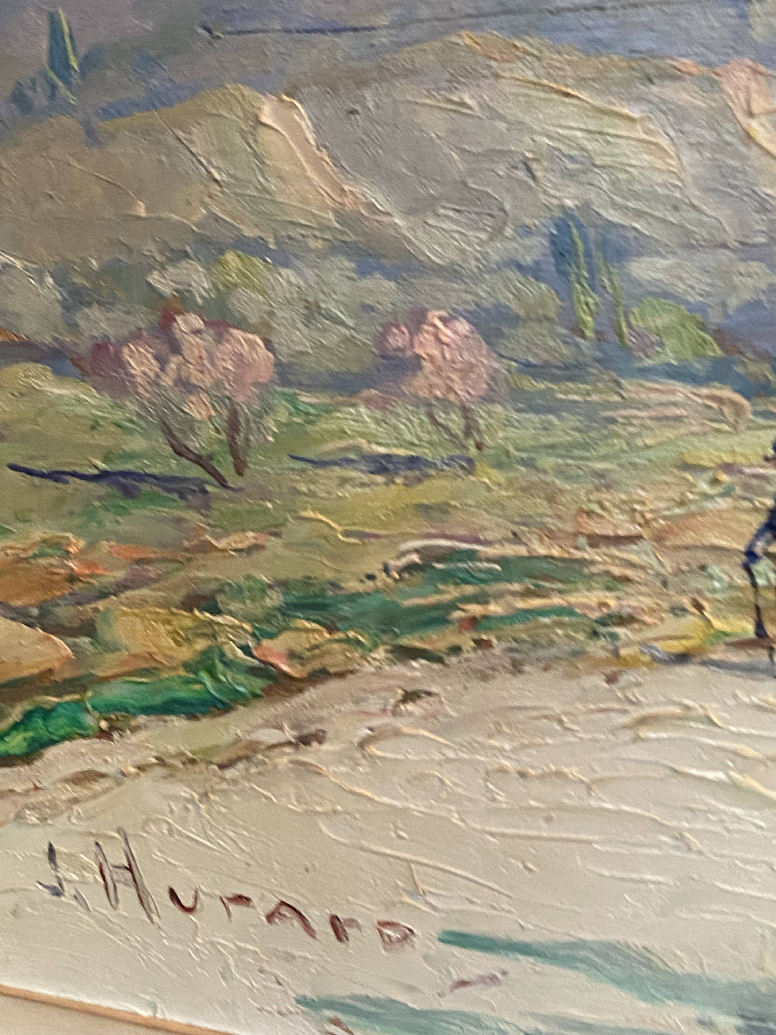 Landscape painting view from the village of Les Angles, Gard, Avignon, Hurard 1887-1956