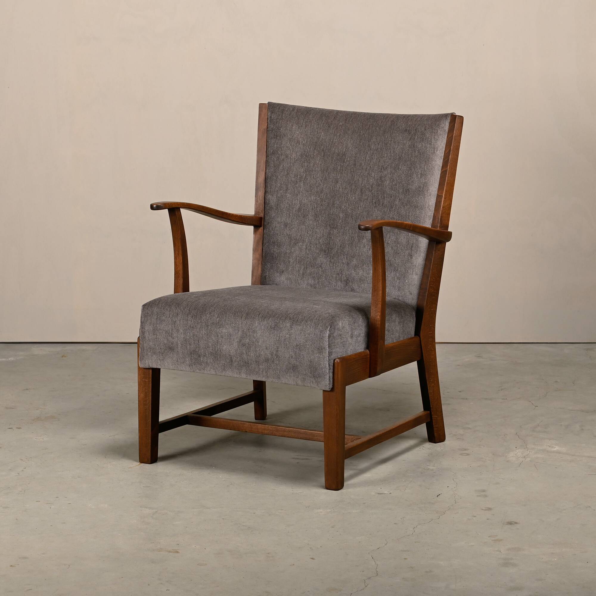 Fritz Hansen Armchair in stained beech wood and warm Grey Mohair, 1940s