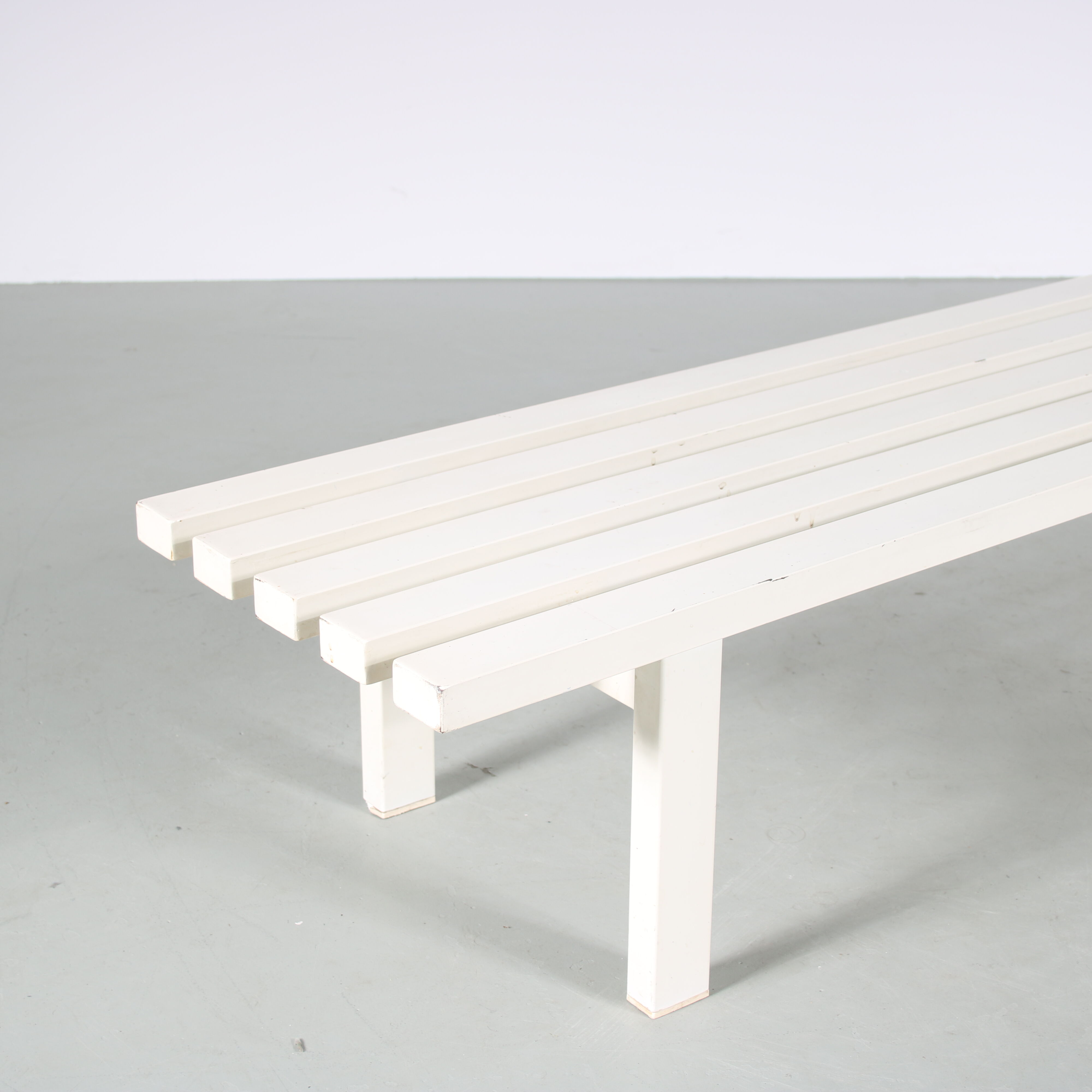 1970s White metal slat bench from the Netherlands