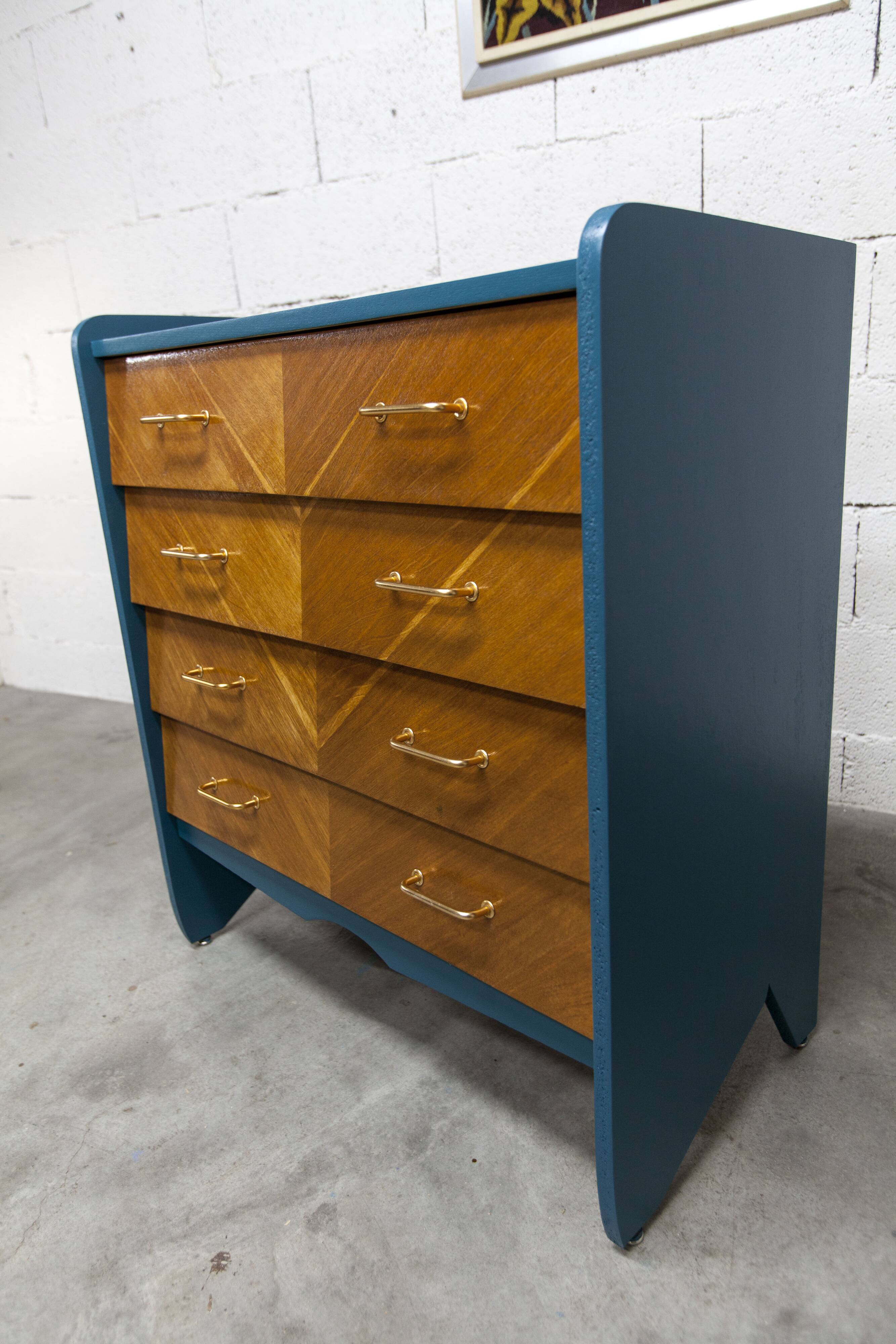 Commode scandinave 1960 atypique bleu Satiné 4 tiroirs