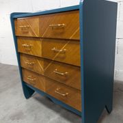 Commode scandinave 1960 atypique bleu Satiné 4 tiroirs