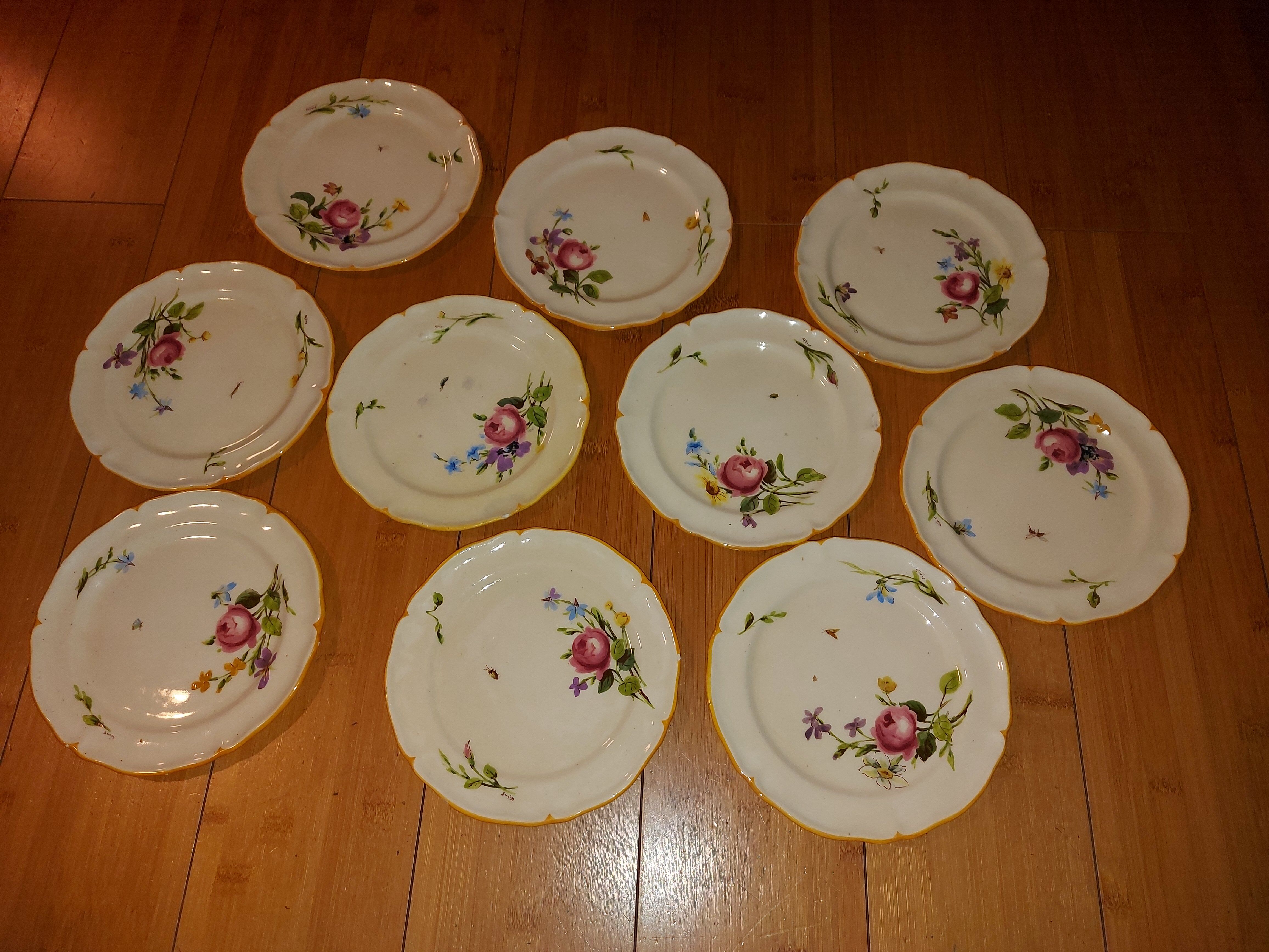 10 dessert plates painted decorated with flowers, insects (all different)