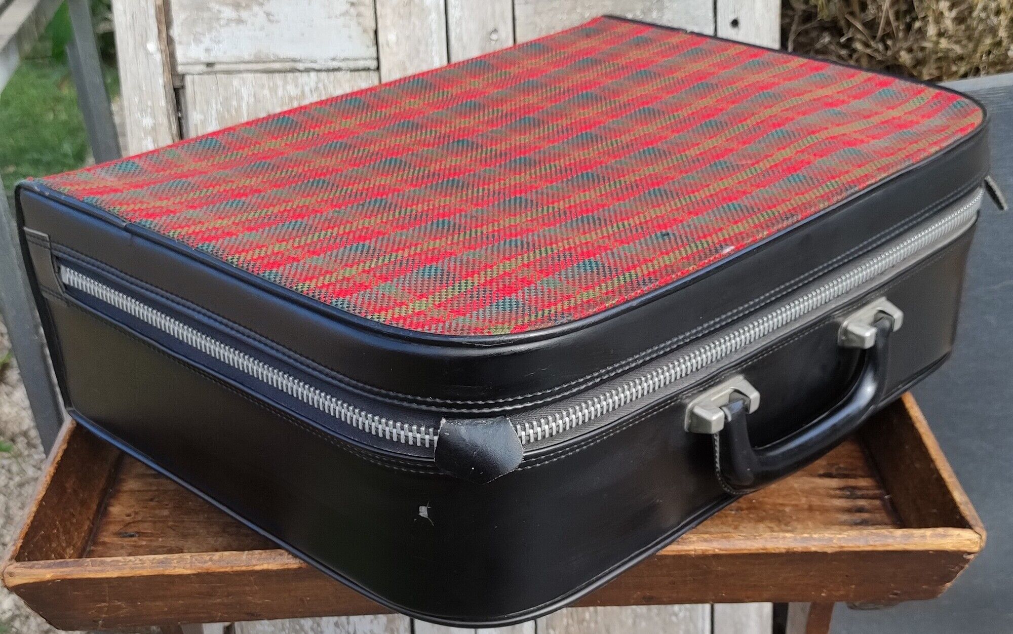 Vintage suitcase in red and skai Scottish fabric