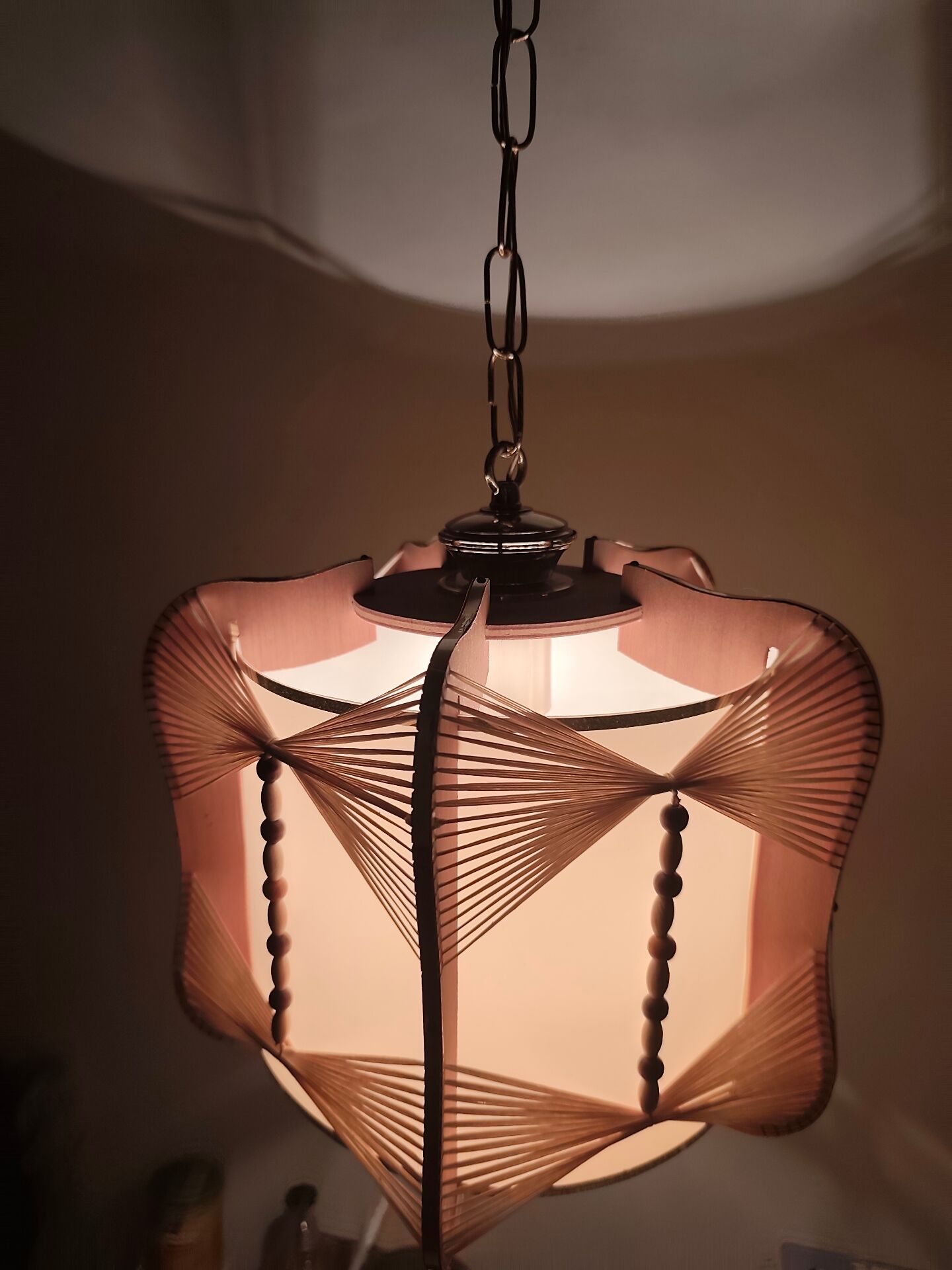 Raffia and wood ceiling lamp. Spain, 1970s.