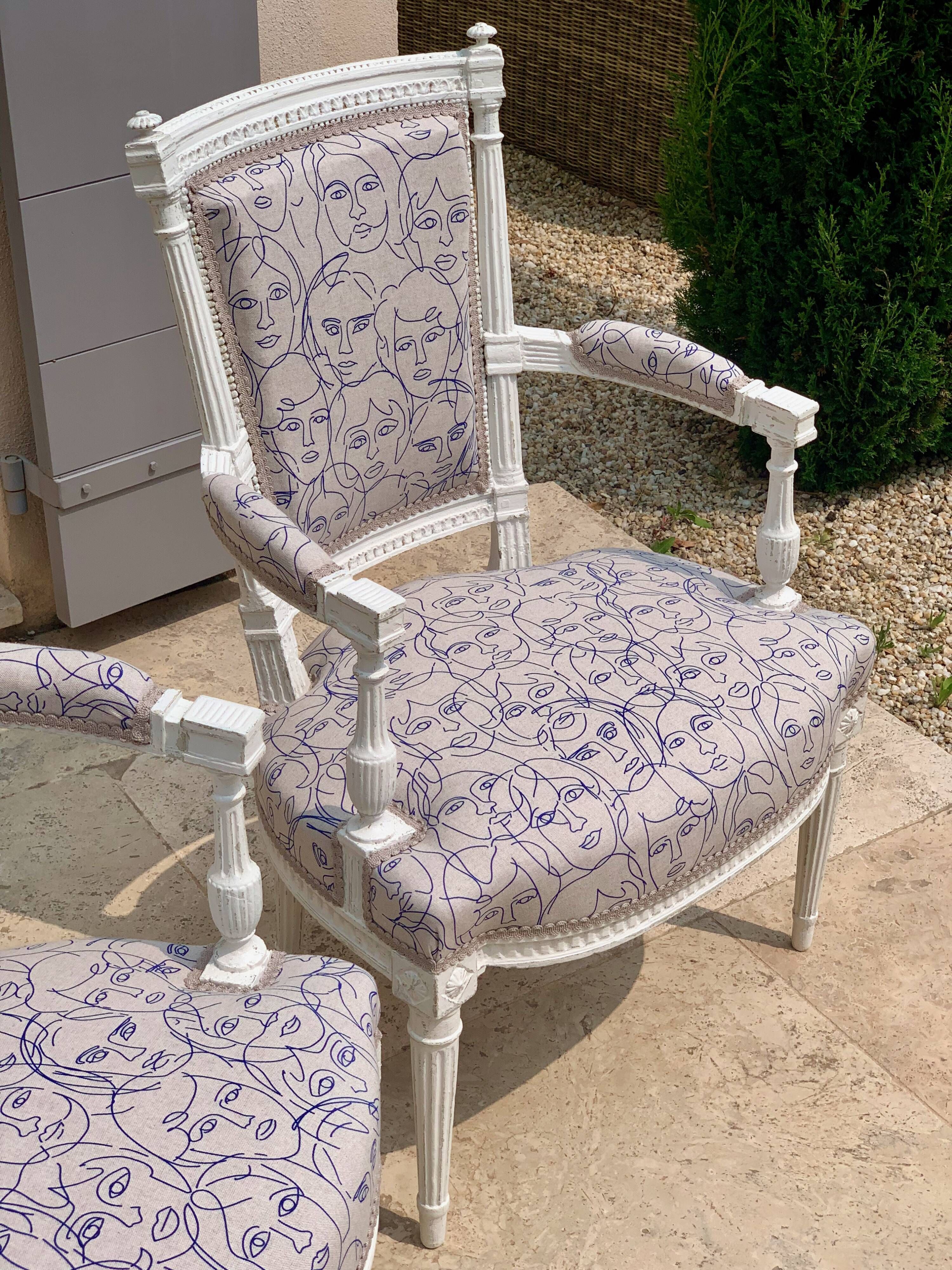 Pair of patinated louis xvi period armchairs, new tapestry
