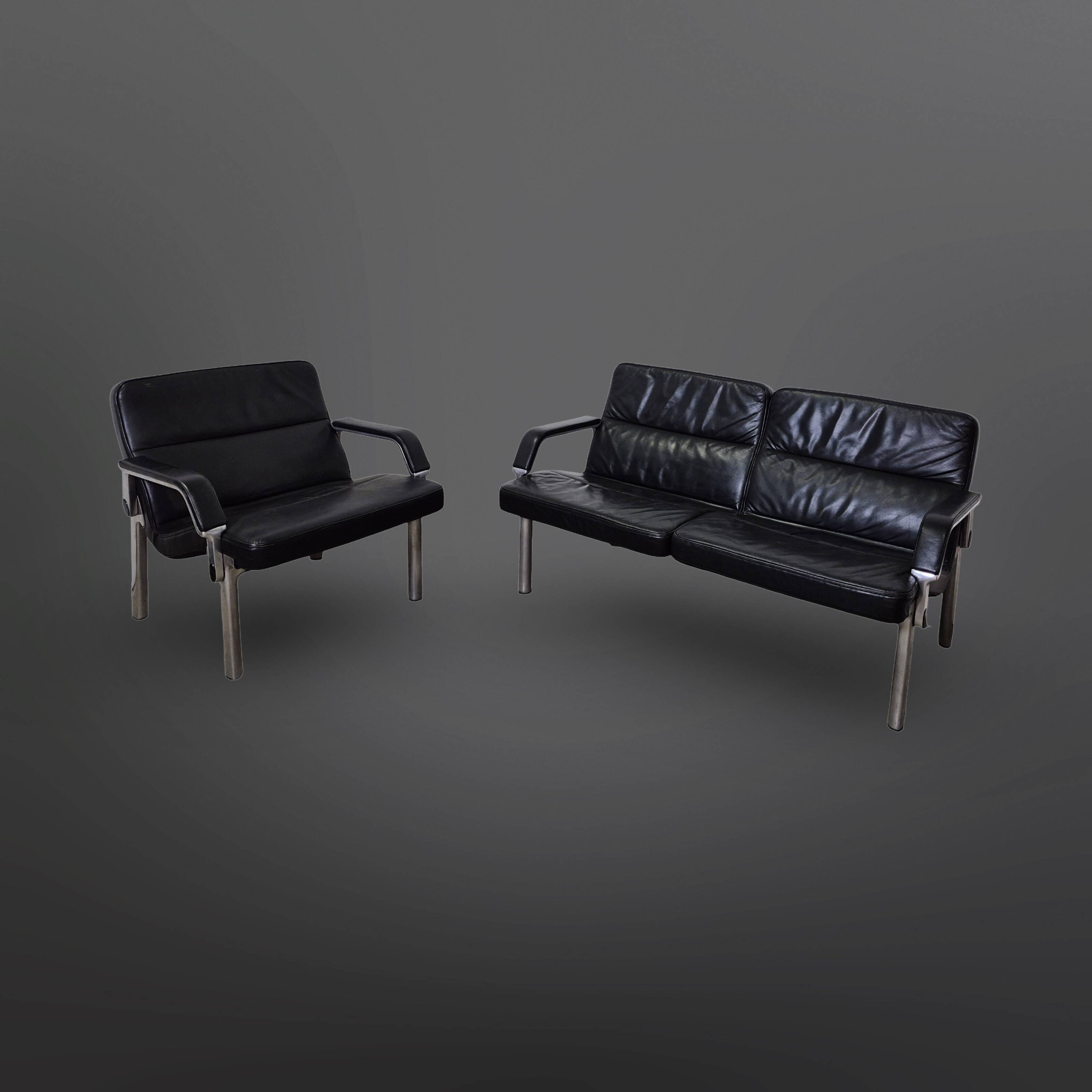 Postmodern black leather seating group, Germany 1980s