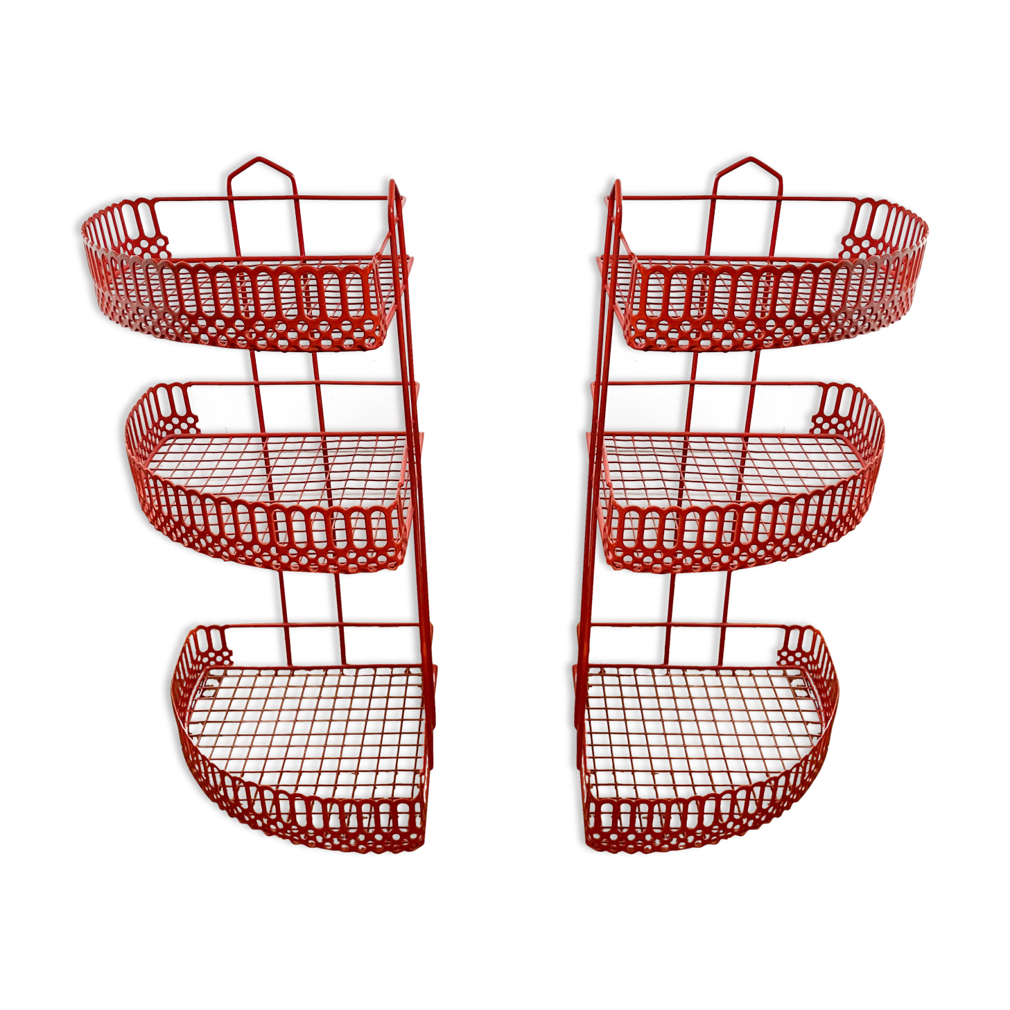 Red enamelled metal wall shelves