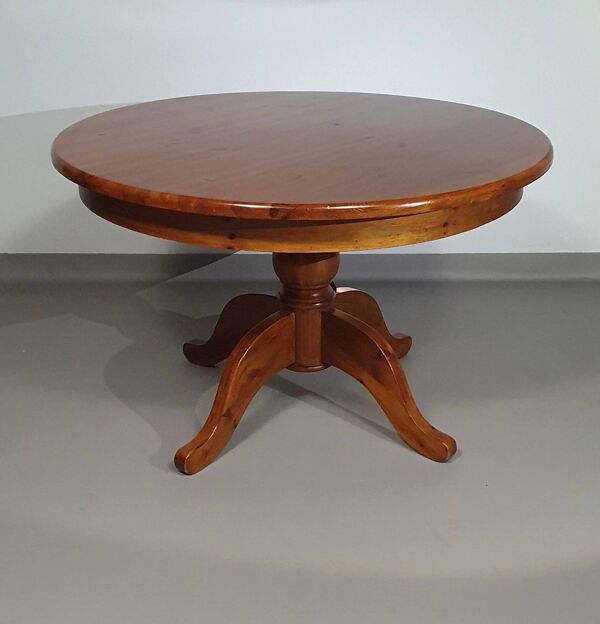 Table à manger en bois de pin des années 70 / table à pieds en colonne en bois au design à 4 pieds avec plateau rond