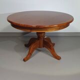 70s pine wood dining table / wood column leg table in 4-leg design with round top
