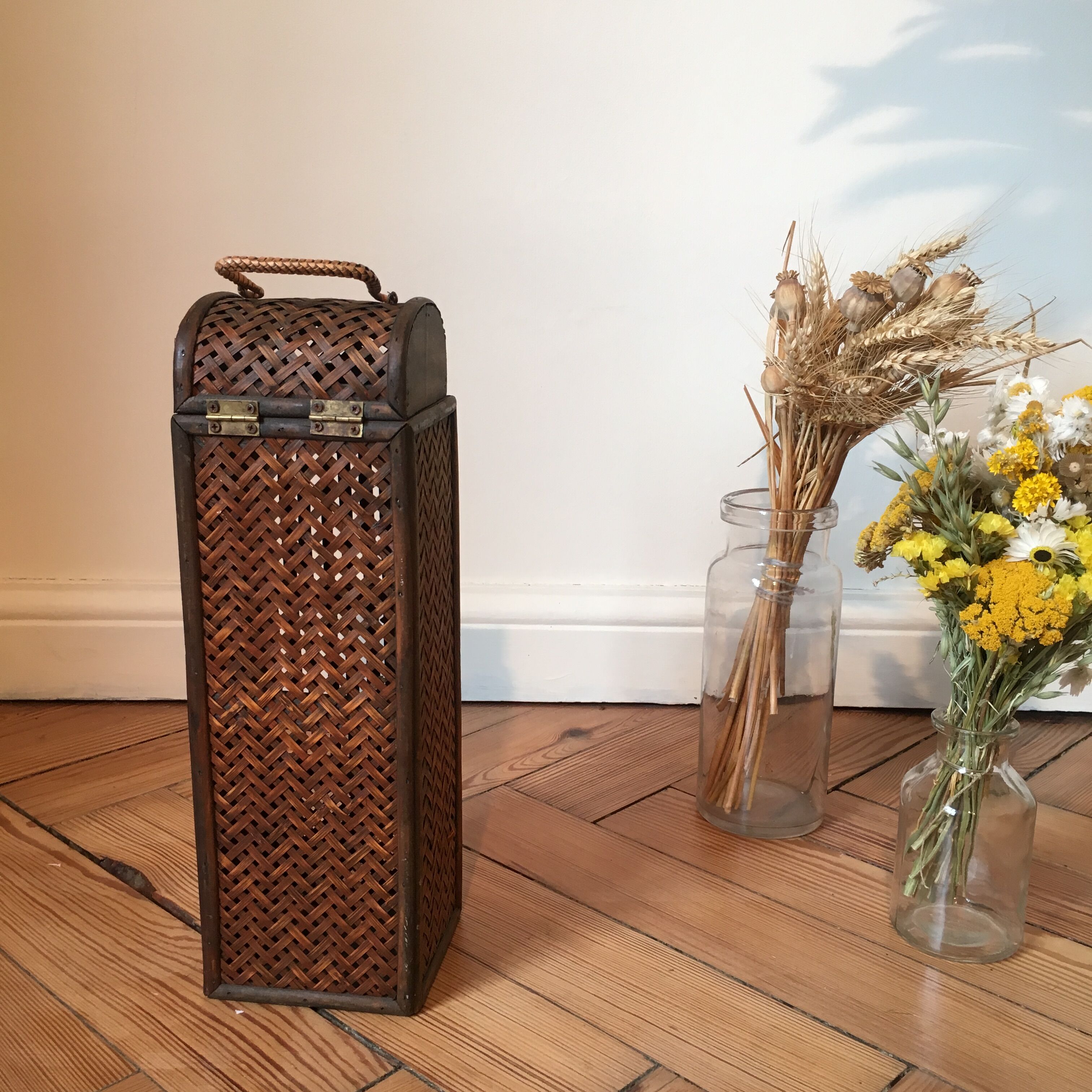 Stunning old rattan bottle holder