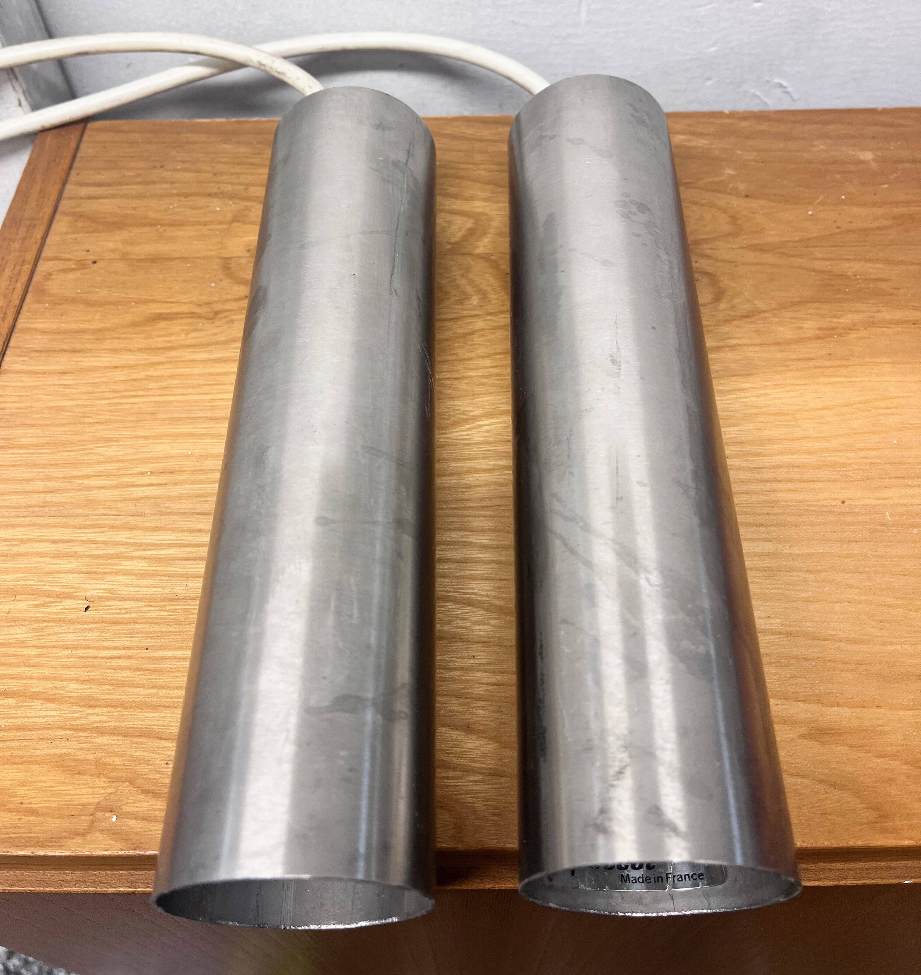 Pair of Parscot brushed metal pendant lights, 1970s