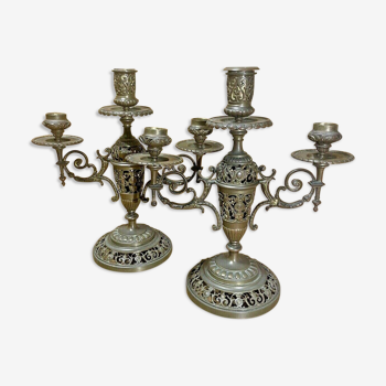 Paire de chandeliers bronze patine brune XIXeme napoleon iii
