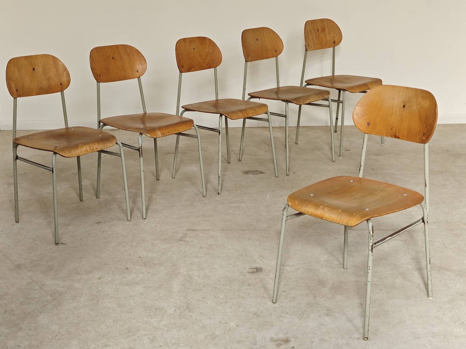 Set of 6 metal and wood school chairs  
Former Czechoslovakia 1960