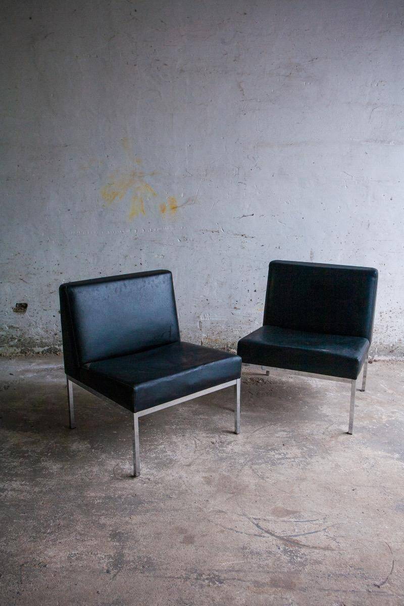 Set of 2 Black Leather Minimalist Lounge Chairs with Brushed Metal Frame