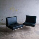 Set of 2 Black Leather Minimalist Lounge Chairs with Brushed Metal Frame