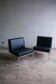 Set of 2 Black Leather Minimalist Lounge Chairs with Brushed Metal Frame