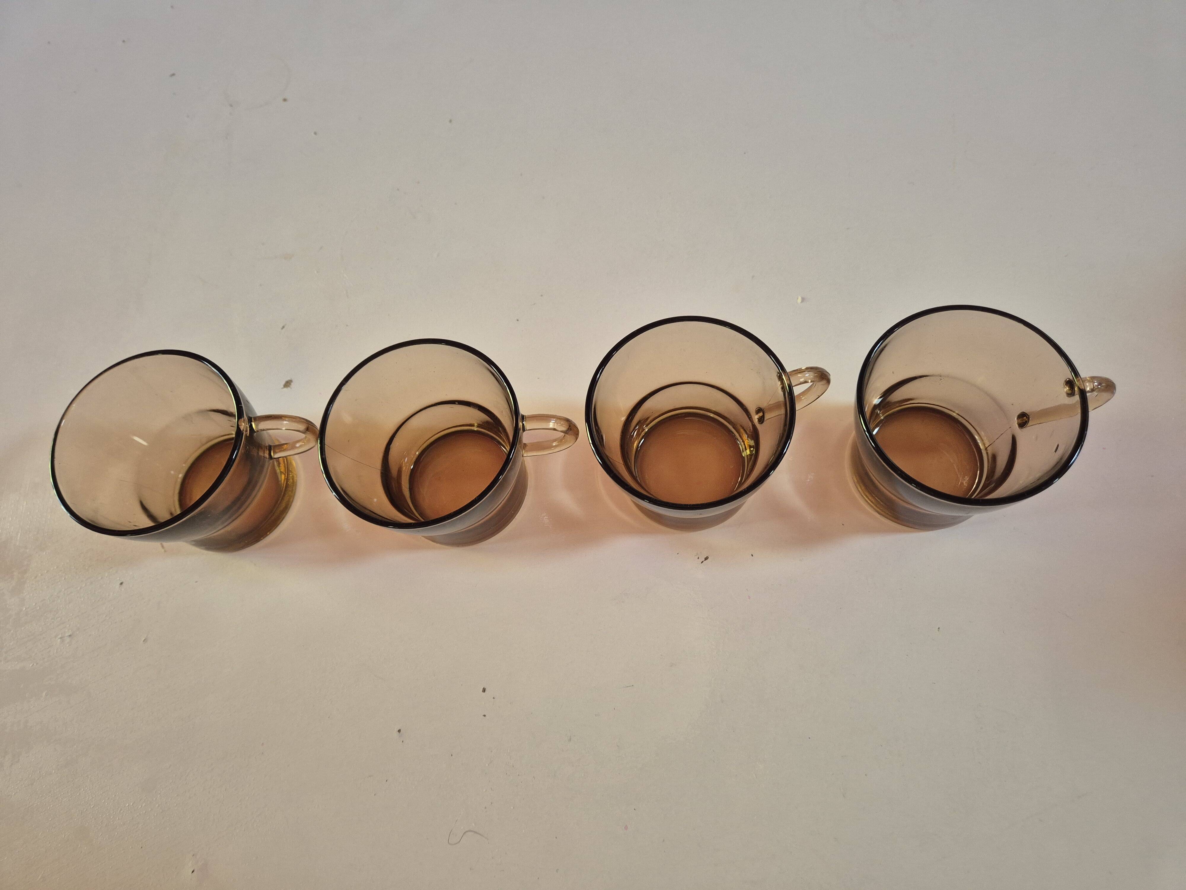 set of 4 vintage brown smoked glass cups with handles