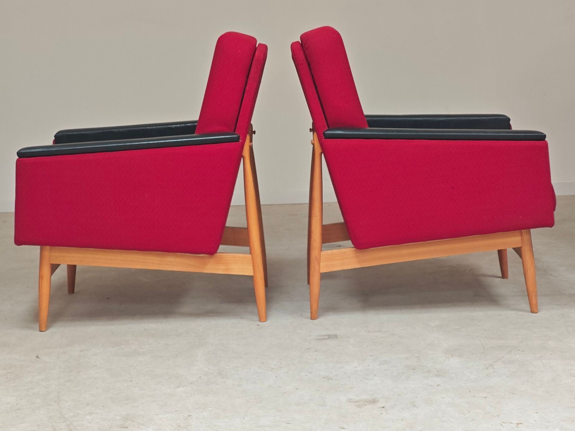 Pair of Drevotex Zamberk armchairs, red fabric and faux leather 1970