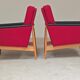 Pair of Drevotex Zamberk armchairs, red fabric and faux leather 1970