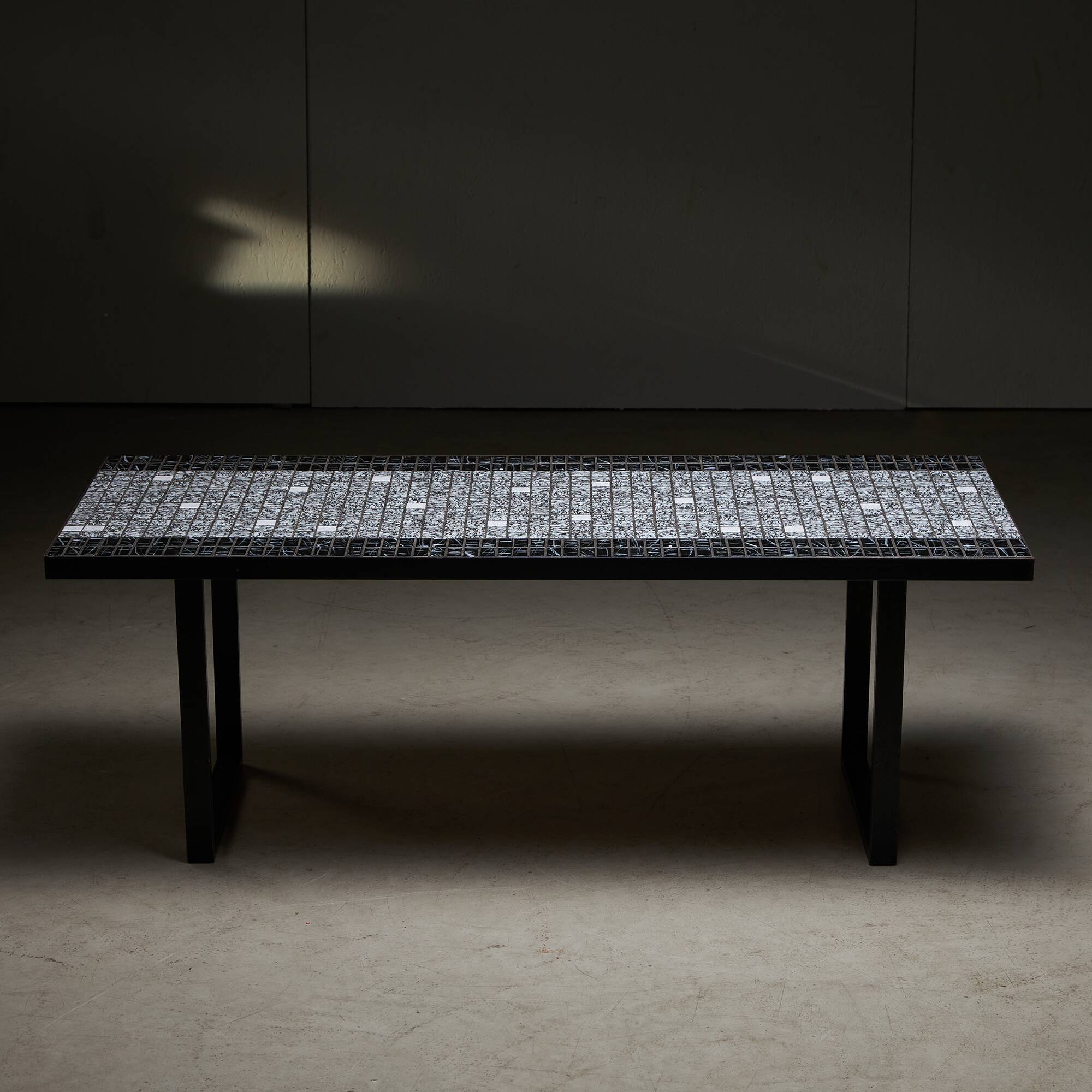 Italian Coffee Table on Flat Metal Frame with Black and White Mosaic Top, 1980s