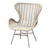 Vintage lounge armchair in rattan and metal, 1960s modernist design
