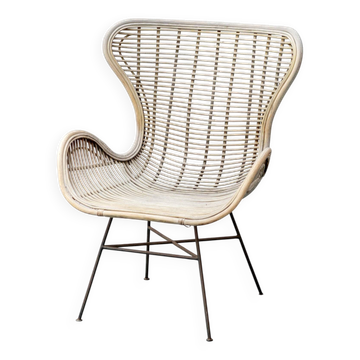 Vintage lounge armchair in rattan and metal, 1960s modernist design
