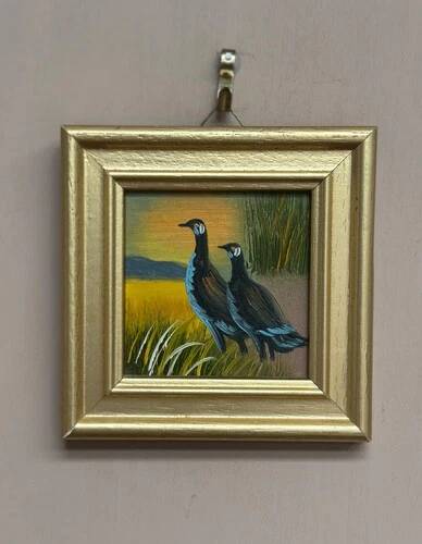 Mid-Century Oil on Panel – “Birds” by Unknown, Vintage & Framed