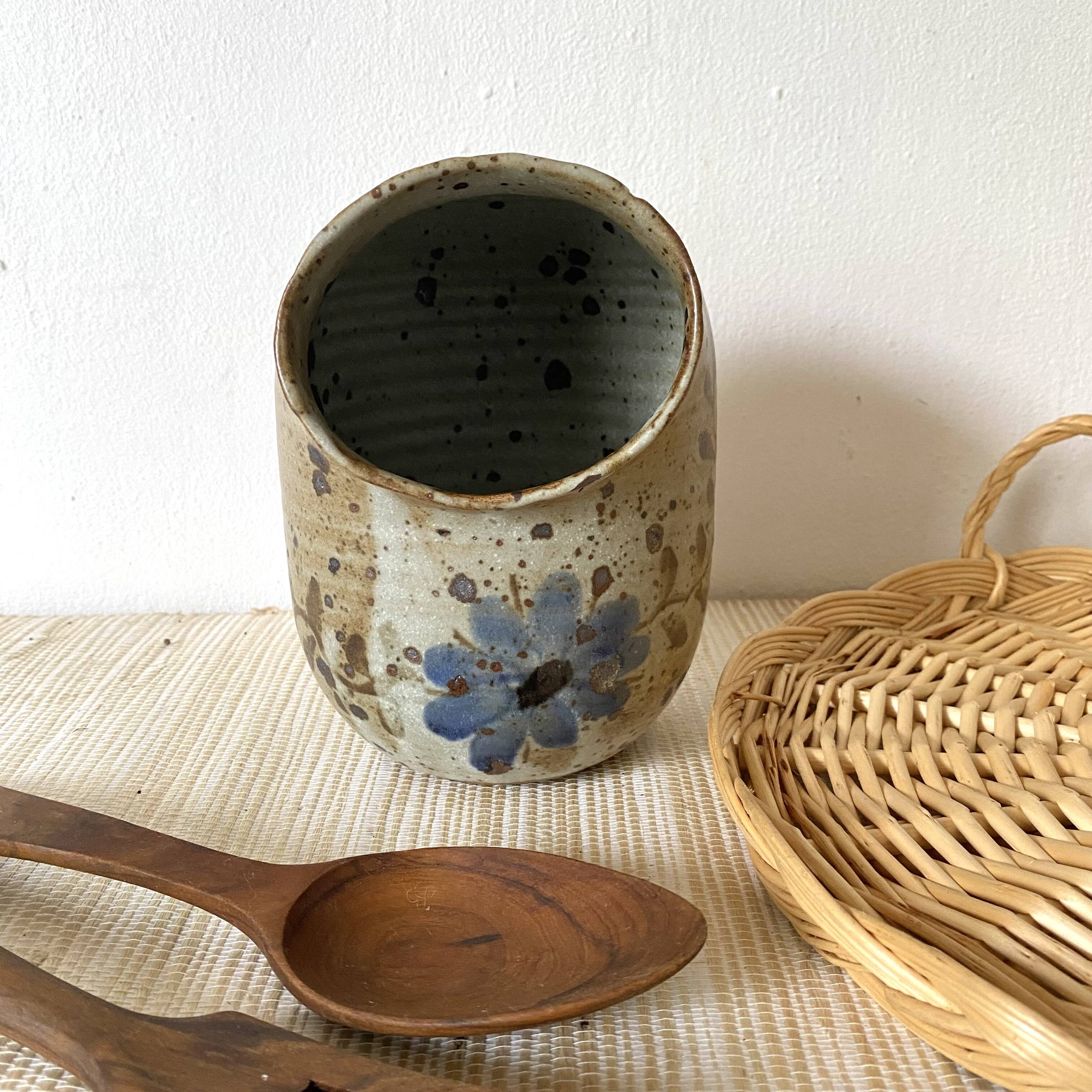 Stoneware salt pot, blue flower decor