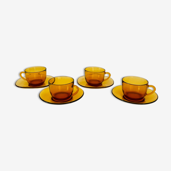 Set of 4 cups and saucers Vereco vintage amber glass