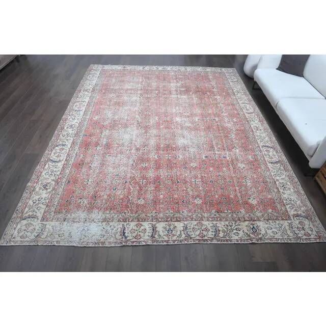 1960s Vintage Persian Handmade Wool Cotton Light Red Area Rug 280x360