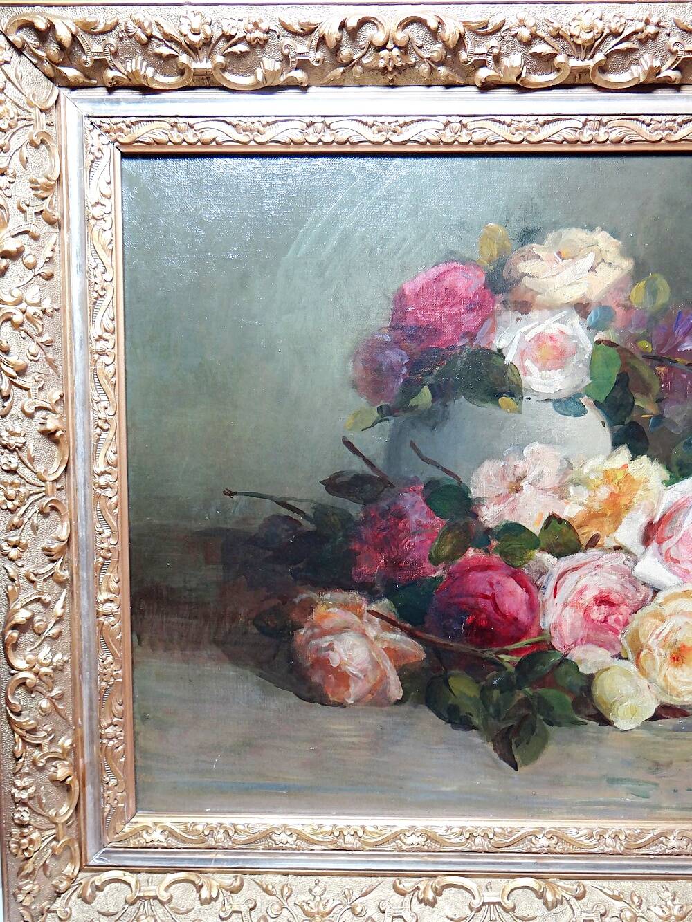 Grand tableau ancien huile sur toile, bouquet de roses, signé, vers 1890-1910