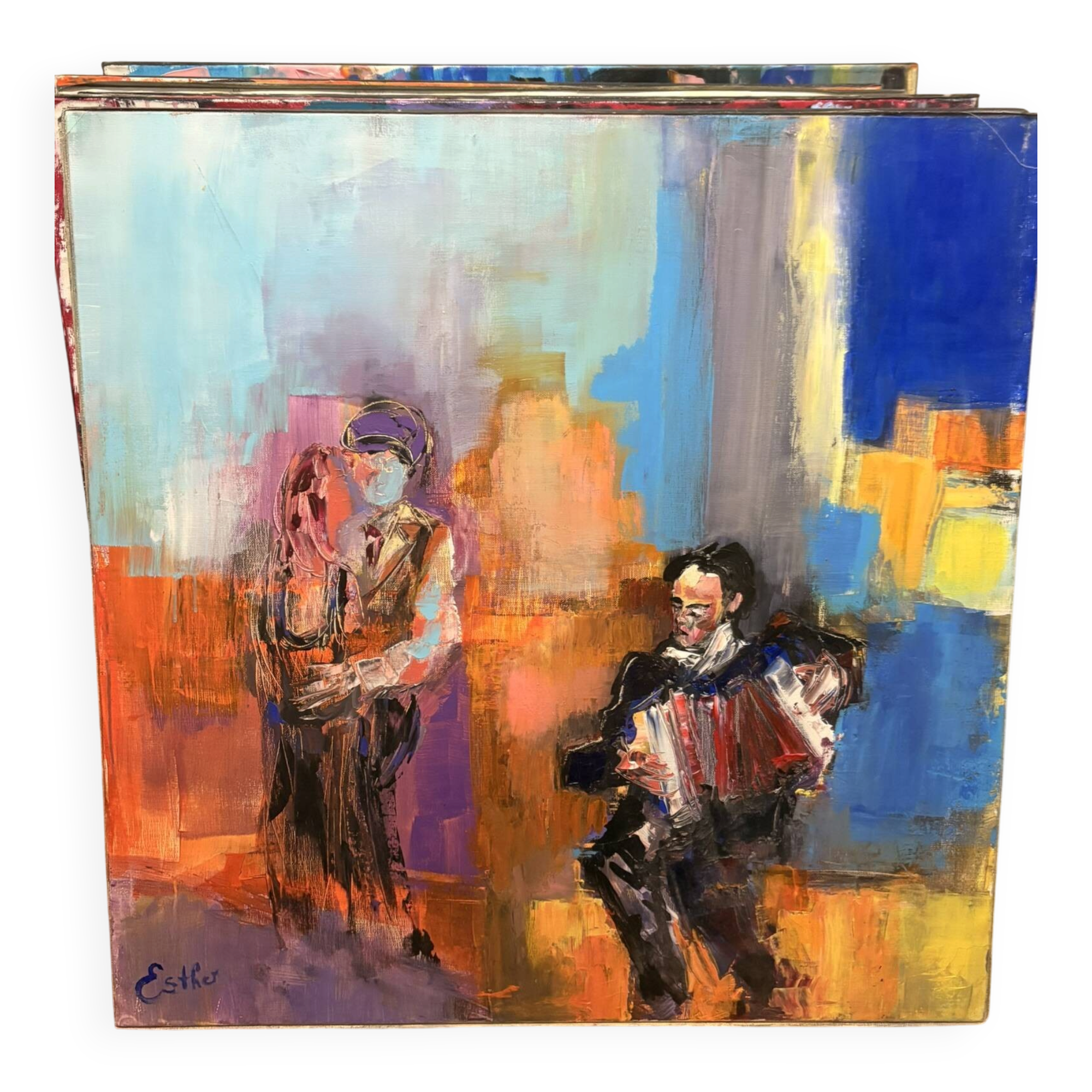 Oil Painting Canvas Deloison Musician Accordion Couple Dancing