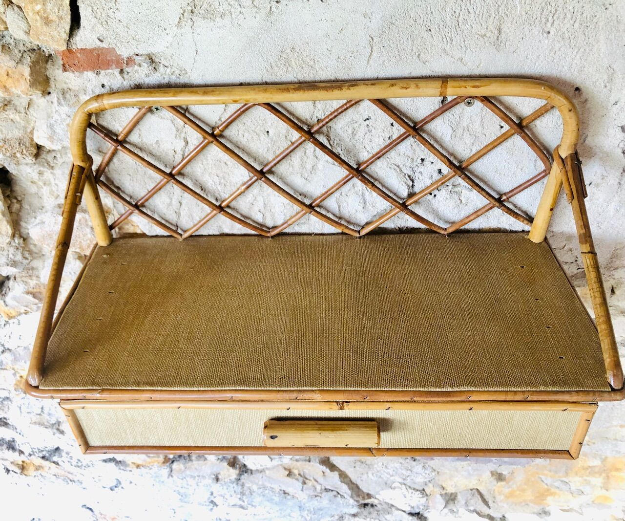 Vintage rattan wall shelf with storage, Circa 60