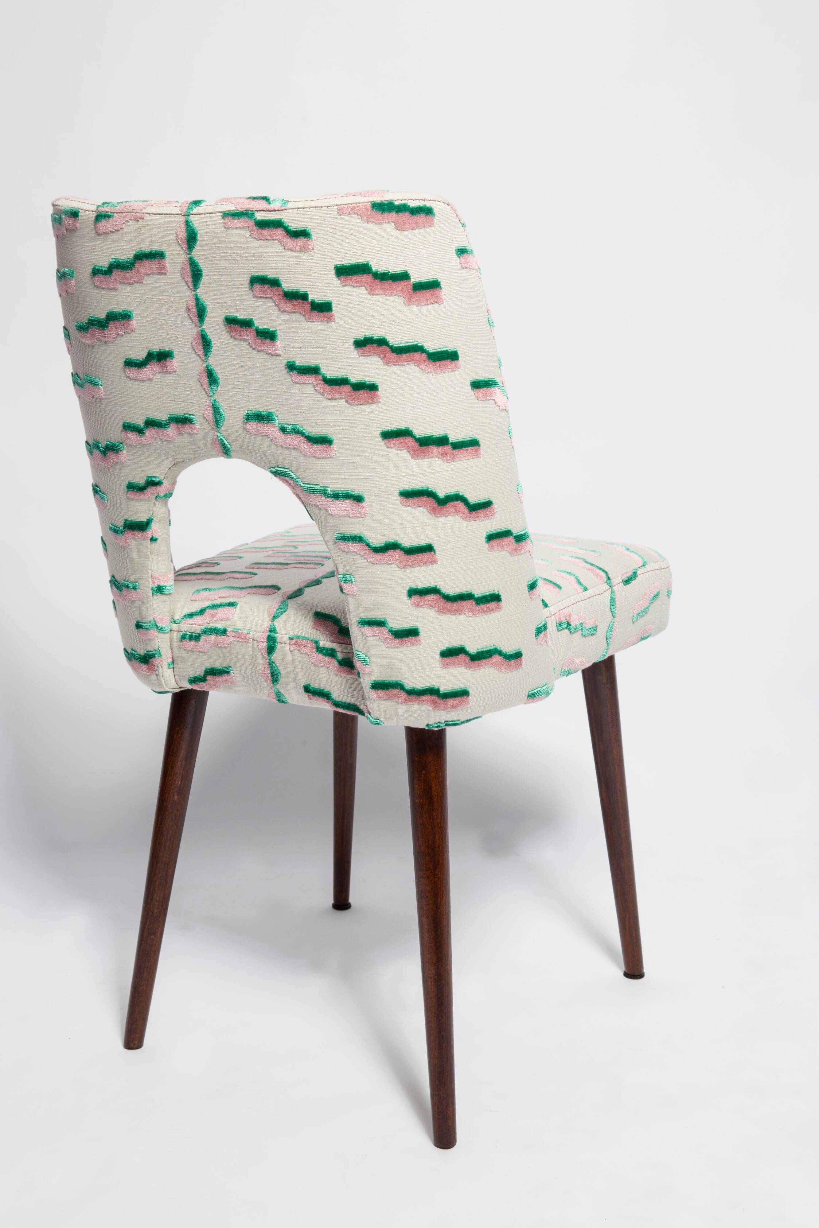Chaise Shell Milieu du Siècle en Jacquard Velours Tigre Rose et Vert