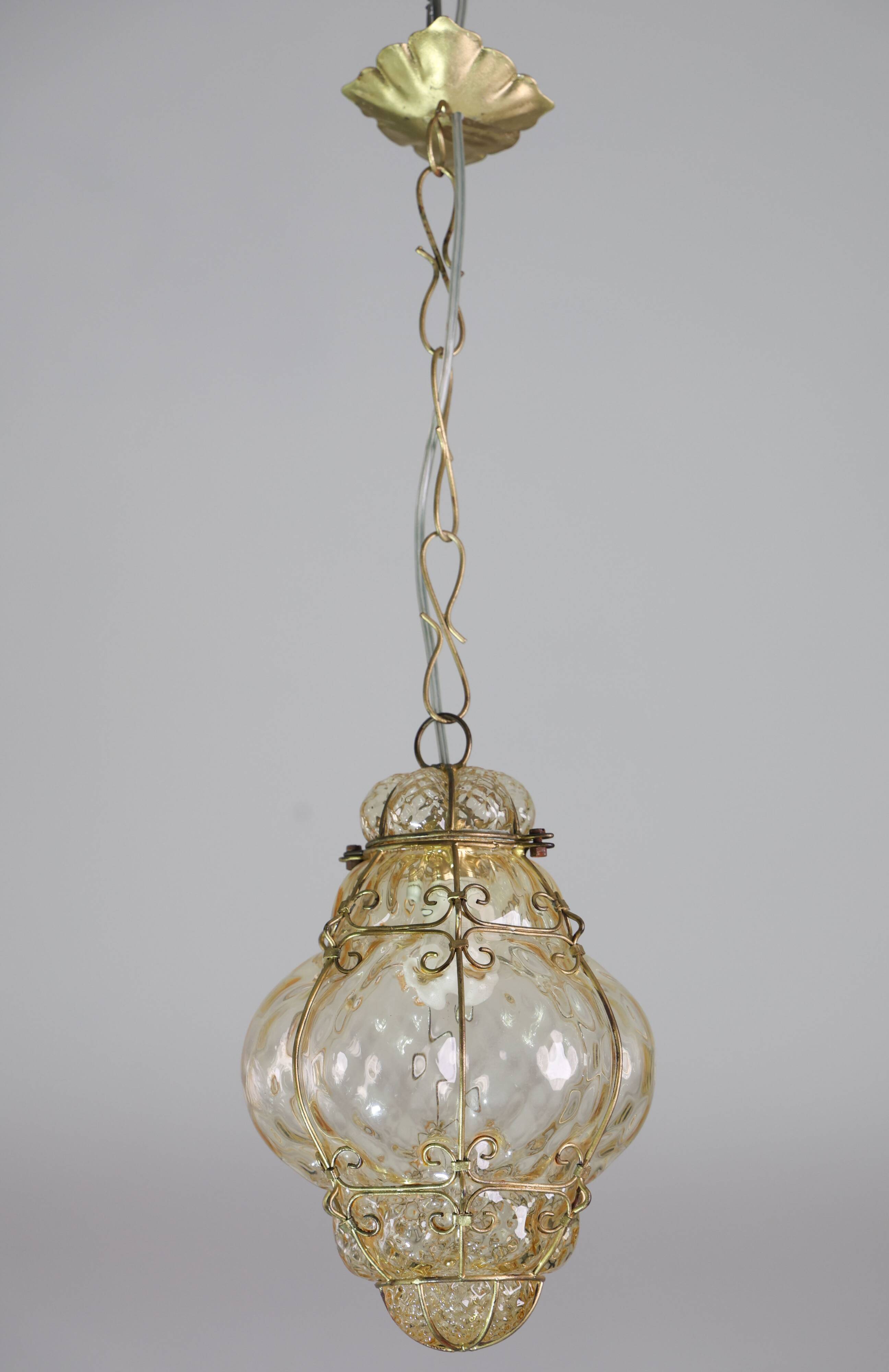 Set of 2 Wonderful Amber Vintage Venetian Lantern, Murano Glass, Italy, 1950s