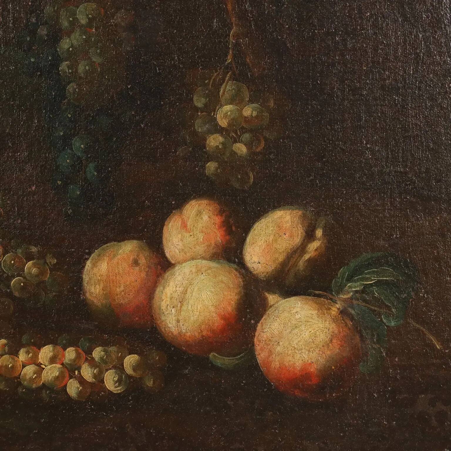 Old painting of still life with flowers, fruits, and birds from the 18th century.