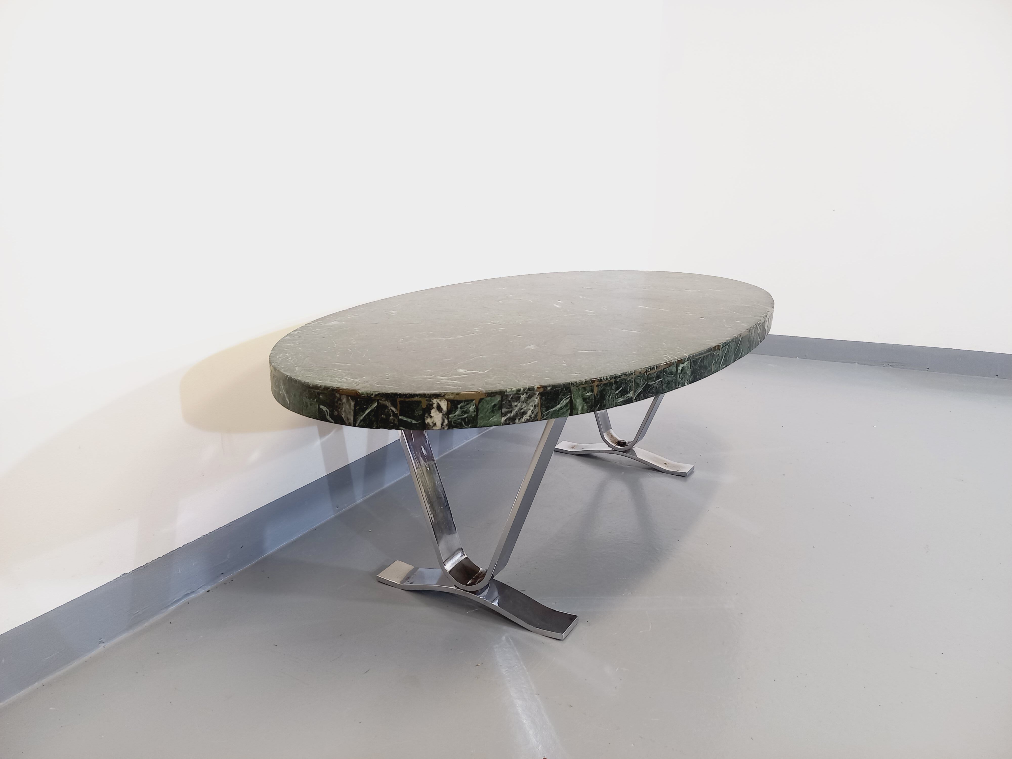 Vintage oval coffee table in stone and chromed metal from the 70s