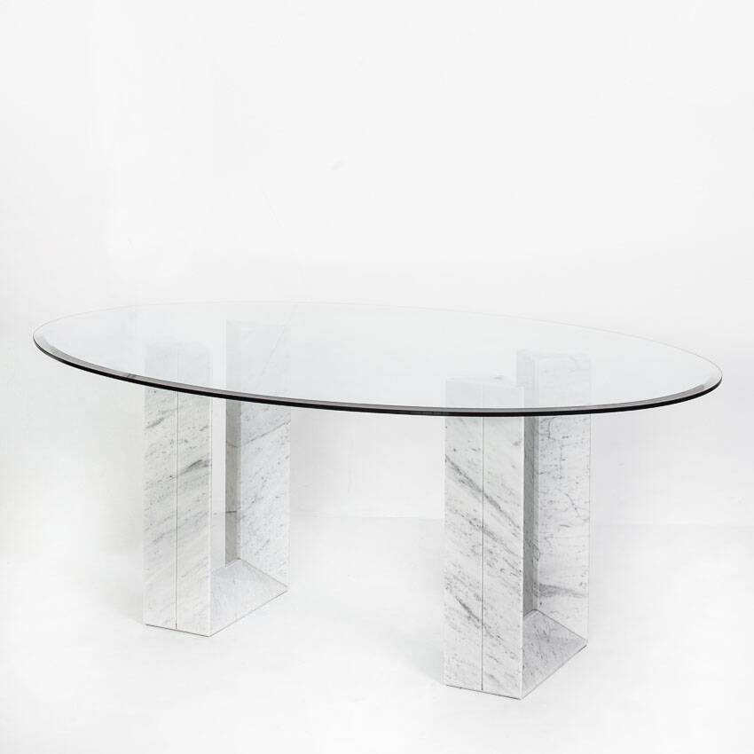 Table named "Diapason". Carrara marble and glass. Cattelan Italia. 90s.